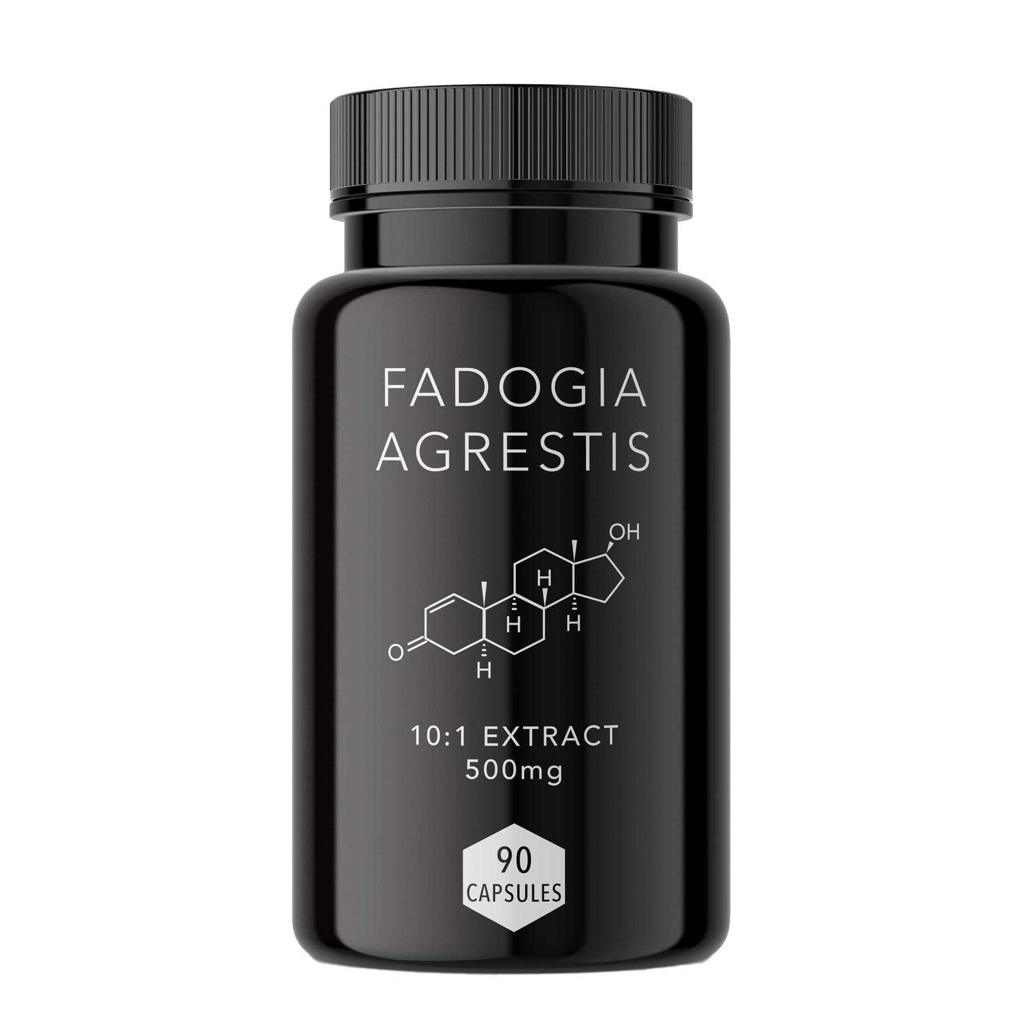 A bottle of Fadogia Agrestis 10:1 Extract capsules with 500mg dosage displayed on a natural background, indicating the product is a herbal supplement.