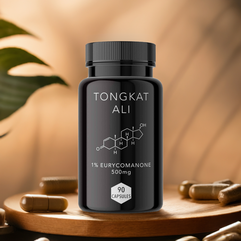 A bottle of Tongkat Ali 500mg capsules with 1% Eurycomanone, labeled as having 90 capsules, placed on a wooden surface with some capsules displayed in front and a plant in the background.