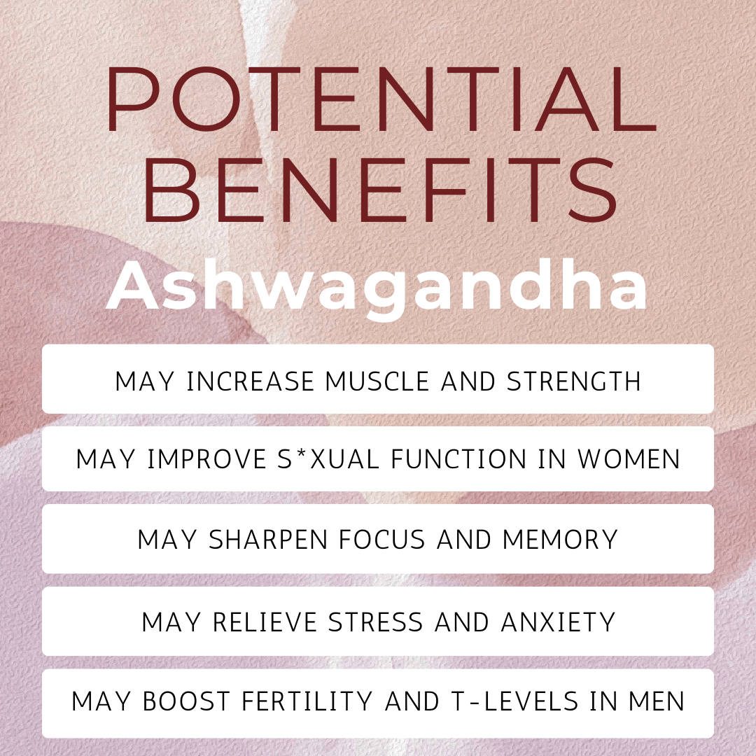 Ashwagandha benefits. May increase muscle and strength. May improve sexual function in women. May sharpen focus and memory. May relieve stress and anxiety. May boost fertility and testosterone in men.
