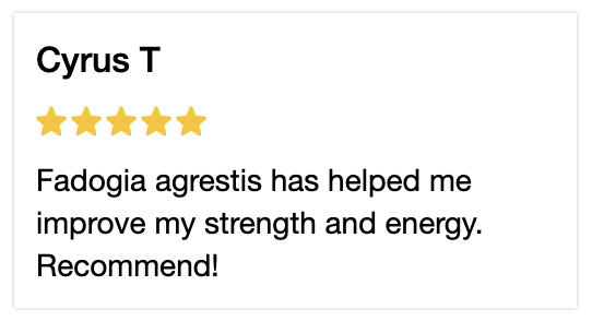 Fadogia Agrestis 5 star review. Fadogia agrestis has helped me improve my strength and energy. Recommend.