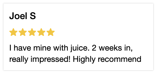 5 star review. I have mine with juice. 2 weeks in, really impressed. Highly recommend. Fadogia Agrestis